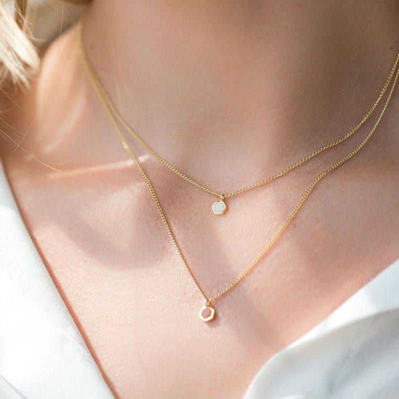 Hexagon Necklace - 14K Gold Pearl and Quartz Enamel - SOPHIE BLAKE NY